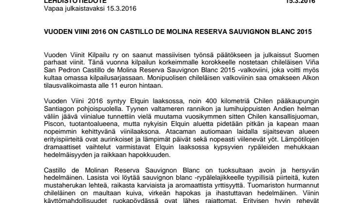 VUODEN VIINI 2016 ON CASTILLO DE MOLINA RESERVA SAUVIGNON BLANC 2015 