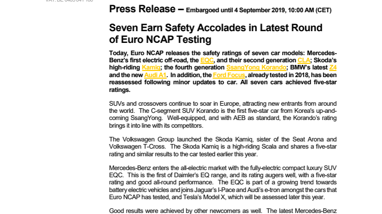 Euro NCAP press release - September 2019