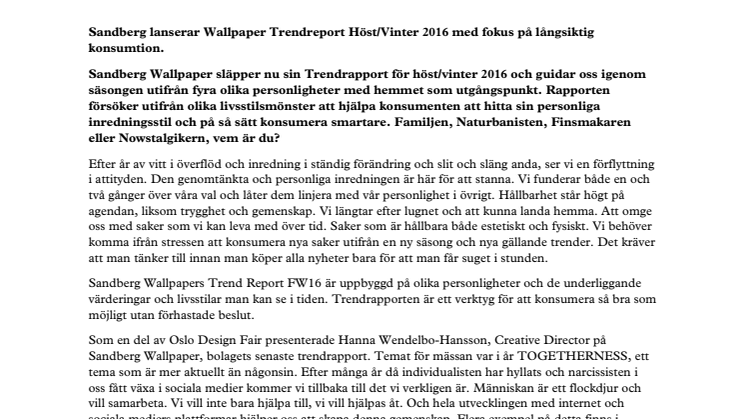 Sandberg lanserar Wallpaper Trend Report FW16 med fokus på långsiktig konsumtion