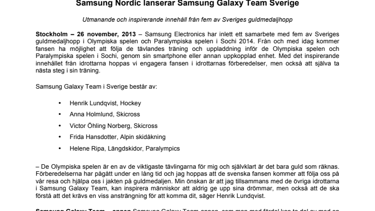 Samsung Nordic lanserar Samsung Galaxy Team Sverige