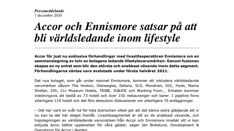 Accor och Ennismore satsar på att  bli världsledande inom lifestyle