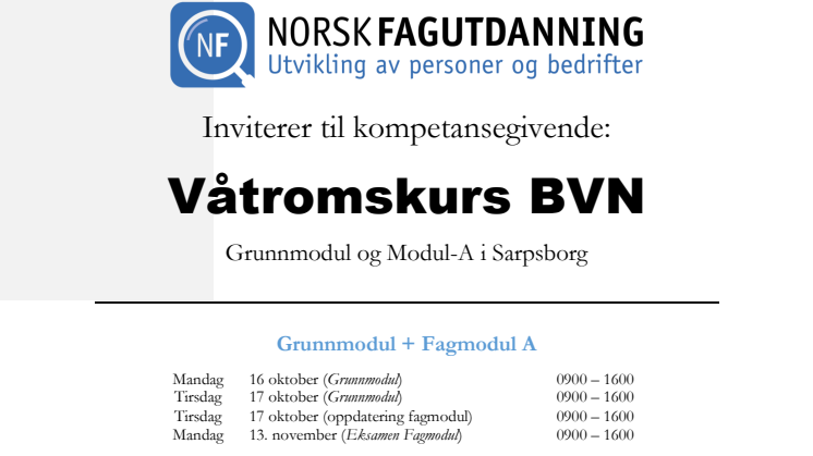 Invitasjon til våtromskurs - Grunnmodul og A-Modul i Sarpsborg - oppstart 16 oktober 2017