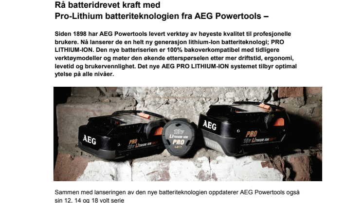 Rå batteridrevet kraft med Pro-Lithium batteriteknologien fra AEG Powertools 