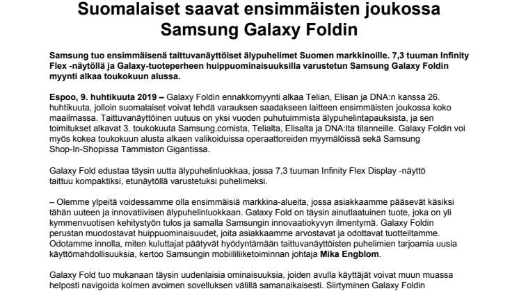 Suomalaiset saavat ensimmäisten joukossa Samsung Galaxy Foldin