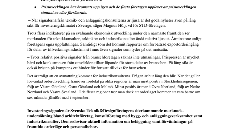 Svenska Teknik&Designföretagen: Investeringssignalen, november 2014