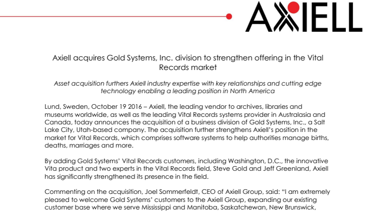 Axiell acquires Gold Systems, Inc. division to strengthen offering in the Vital Records market 