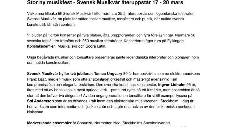 Svensk musikvår – ny festival 17–20 mars