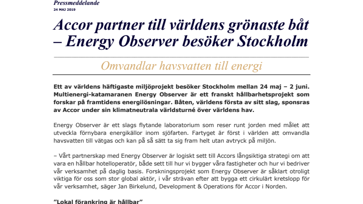 Båten som omvandlar havsvatten till energi – Accors partner Energy Observer besöker Stockholm