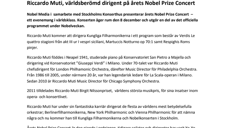 Legendary maestro Riccardo Muti to conduct the 2013 Nobel Prize Concert