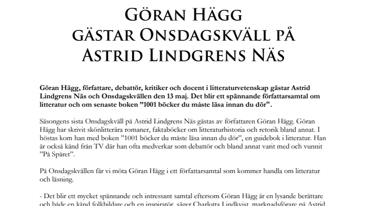 Göran Hägg gästar Onsdagskväll på Astrid Lindgrens Näs 