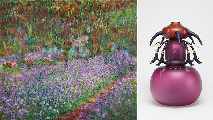 Claude Monet, Le Jardin de l’artiste à Giverny, 1900. Photo (C) RMN-Grand Palais (musée d'Orsay)/Adrien Didierjean. Dan Dailey, Five Wild Dogs, 1998. Photo: Viktor Fordell/Nationalmuseum. 
