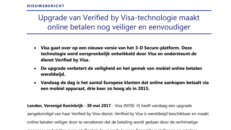 Upgrade van Verified by Visa-technologie maakt online betalen nog veiliger en eenvoudiger 