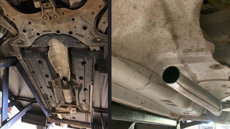 Bilderna - äldre Toyota Prius som blivit bestulen på sin katalysator. Toyota Prius är en av de mest drabbade bilmodellerna i Sverige när det gäller katalysatorstölder. Foto: Pierre Kjellin