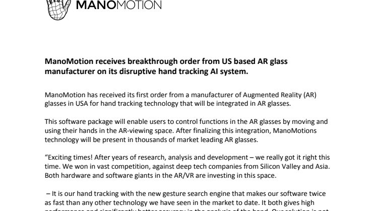 ManoMotion receives breakthrough order from US based AR glass manufacturer on its disruptive hand tracking AI system