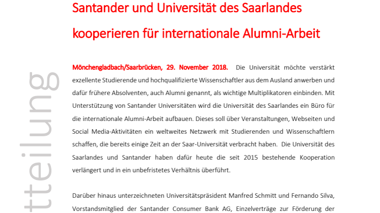 Santander und Universität des Saarlandes kooperieren für internationale Alumni-Arbeit 