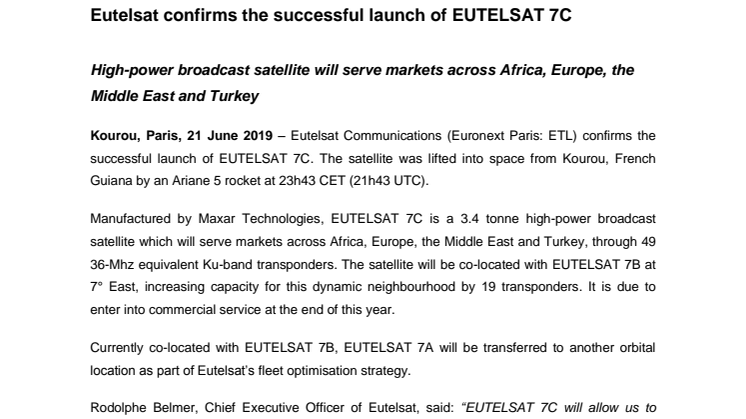 Eutelsat confirms the successful launch of EUTELSAT 7C 