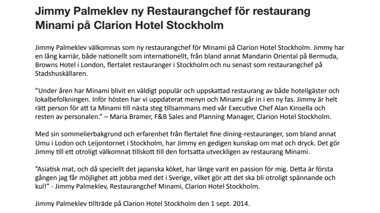 Jimmy Palmeklev ny Restaurangchef för restaurang Minami på Clarion Hotel Stockholm