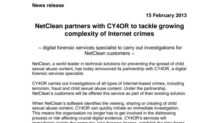 NetClean partners with CY4OR to tackle growing complexity of Internet crimes