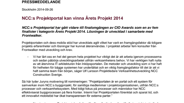 NCC:s Projektportal kan vinna Årets Projekt 2014 