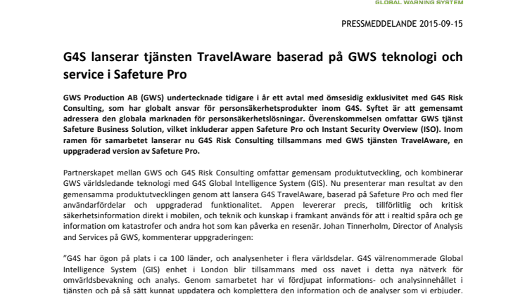 G4S lanserar tjänsten TravelAware baserad på GWS teknologi och service i Safeture Pro