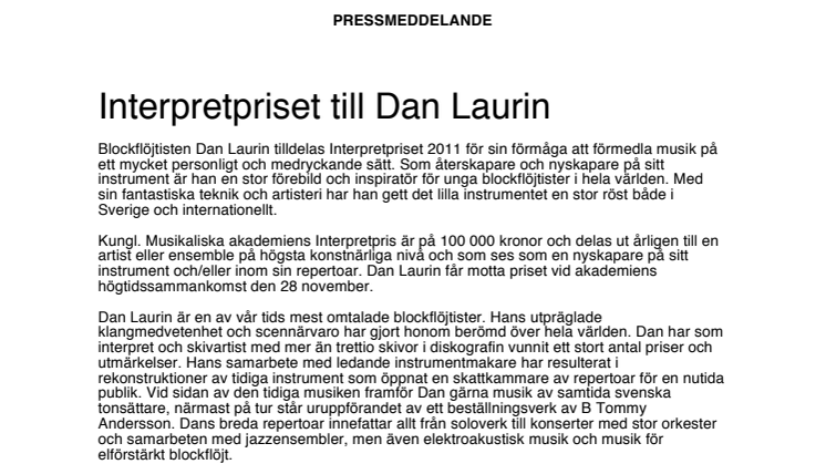 Interpretpriset till Dan Laurin