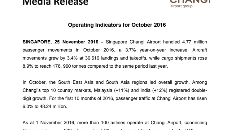 Operating Indicators for October 2016