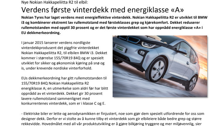 Nye Nokian Hakkapeliitta R2 til elbil: Verdens første vinterdekk med energiklasse «A» 