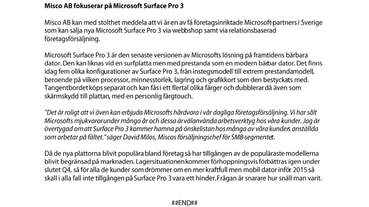 Misco AB fokuserar på Microsoft Surface Pro 3