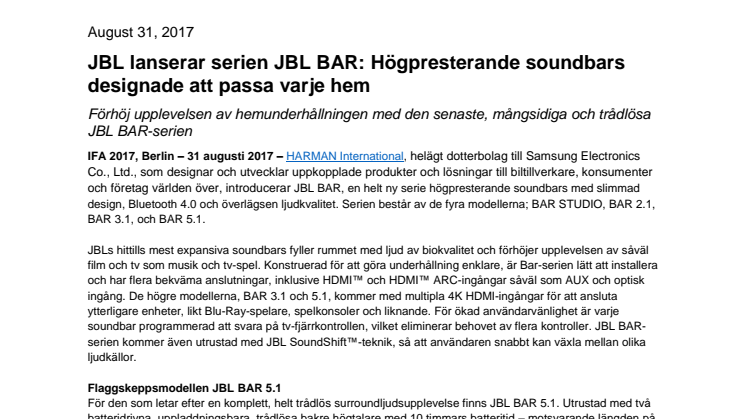 JBL lanserar serien JBL BAR: Högpresterande soundbars designade att passa varje hem