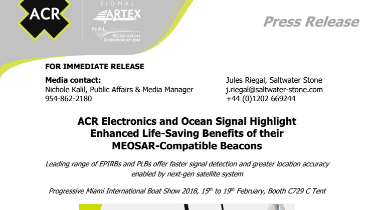 ACR Electronics and Ocean Signal Highlight  Enhanced Life-Saving Benefits of their  MEOSAR-Compatible Beacons