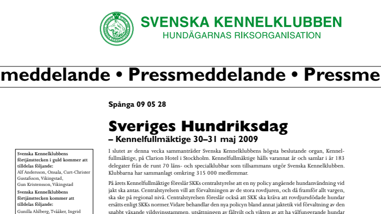 Sveriges Hundriksdag – Kennelfullmäktige 30–31 maj 2009
