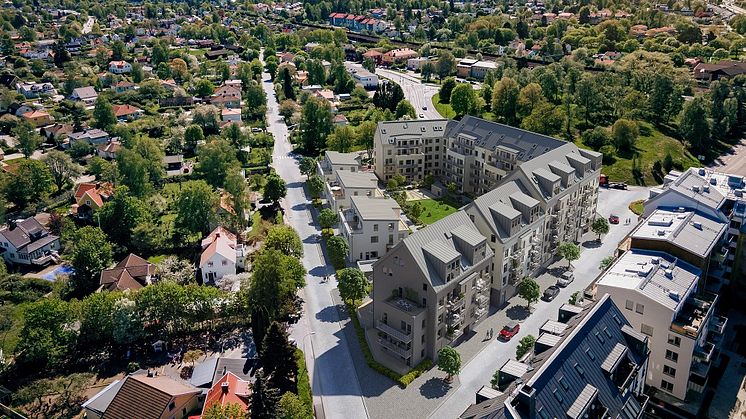 Brf Strandvägen i Sollentuna om 115 lägenheter blir det första projektet som kommer att erbjuda bostäder genom OBOS Deläga. Illustration: OBOS/3D Vision