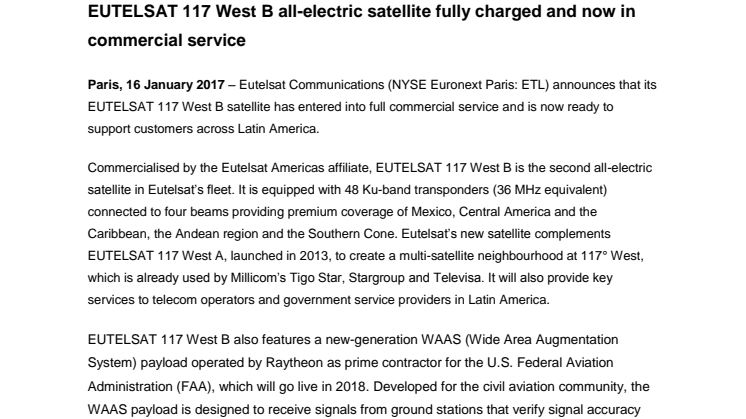 EUTELSAT 117 West B all-electric satellite fully charged and now in commercial service