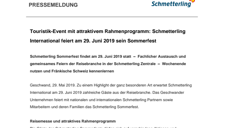 Touristik-Event mit attraktivem Rahmenprogramm: Schmetterling International feiert am 29. Juni 2019 sein Sommerfest