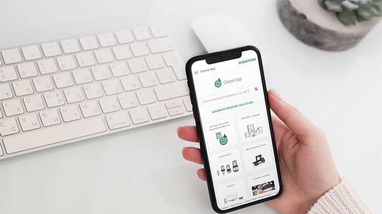 Schaefflerin Grease App  sovellus määrittää vierintälaakereille ihanteellisen voiteluaineen, sen määrän ja käyttöiän sekä voiteluvälit. Kuvat: Schaeffler