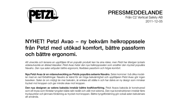 NYHET! Petzl Avao – bekväm helkroppssele från Petzl med utökad komfort, bättre passform och bättre ergonomi