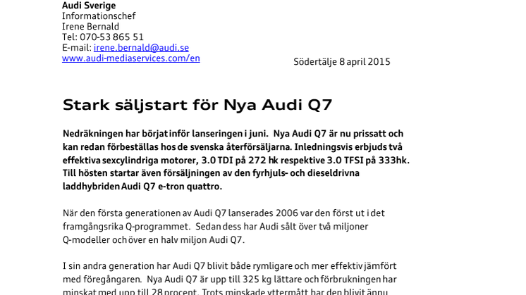 Stark säljstart för Nya Audi Q7