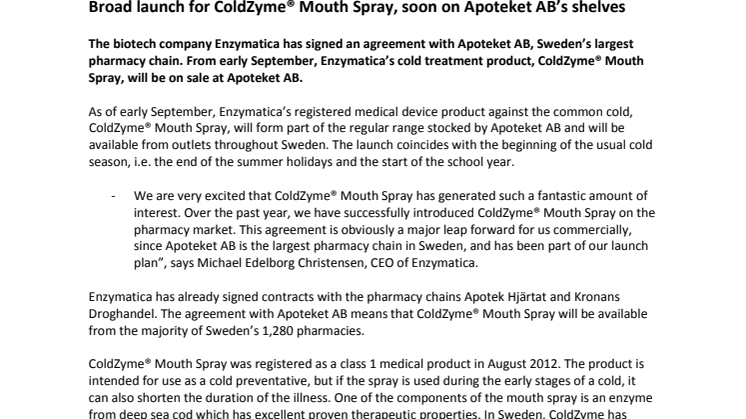 Broad launch for ColdZyme® Mouth Spray, soon on Apoteket AB’s shelves 