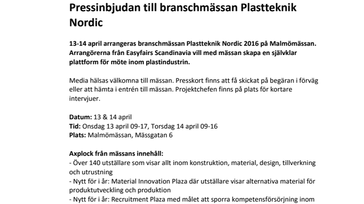 Pressinbjudan till branschmässan Plastteknik Nordic