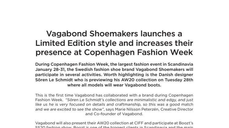 Vagabond Shoemakers launches a Limited Edition style and increases their presence at Copenhagen Fashion Week