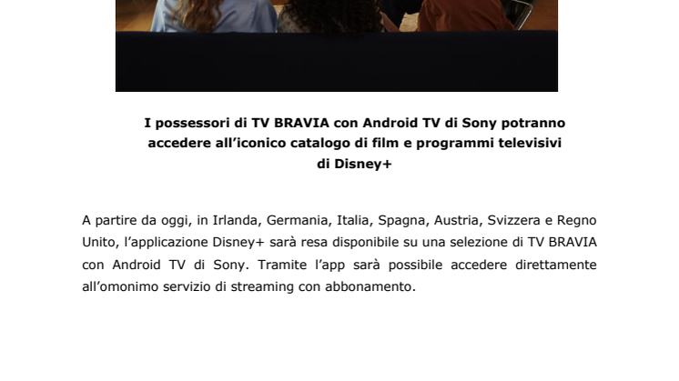 Il lancio di Disney+ sui TV BRAVIA con Android TV di Sony