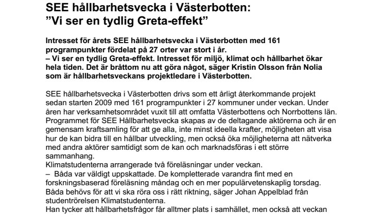 SEE hållbarhetsvecka i Västerbotten:  ”Vi ser en tydlig Greta-effekt”