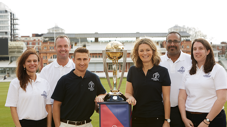 World Cup Cricketeer ambassadors Charlotte Edwards CBE and James Taylor with the ICC Cricket World Cup trophy at Lord's