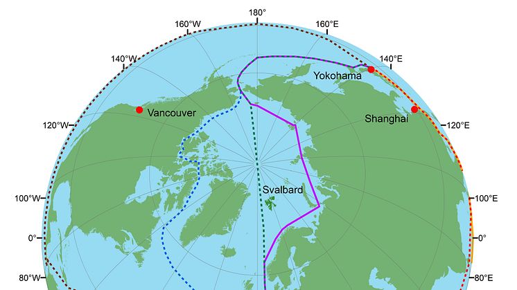 Nåværende og mulige fremtidige skipsruter mellom Asia og Europa (Ill. Chris Emblow, Akvaplan-niva).