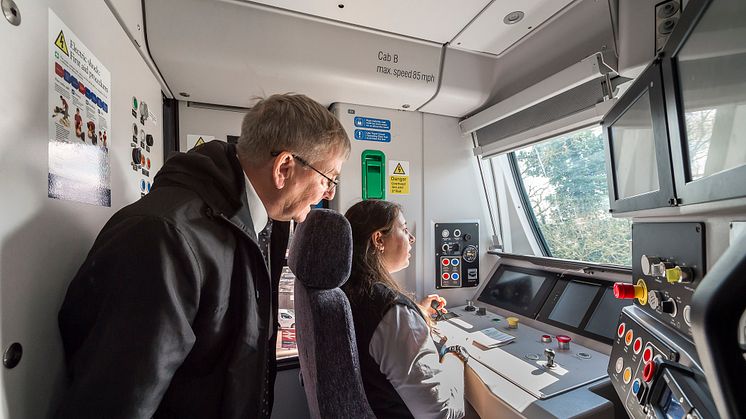 Retired driver Ian Twells and modern day driver Zornitsa Tsankova in cab on launch day of new Moorgate train 25.03.19