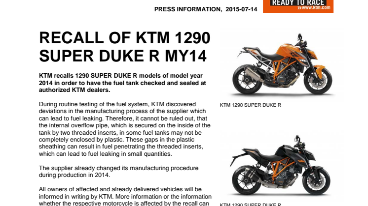 RECALL OF KTM 1290 SUPER DUKE R MY14