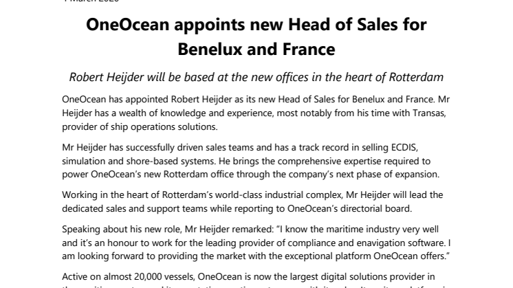 OneOcean appoints new Head of Sales for Benelux and France