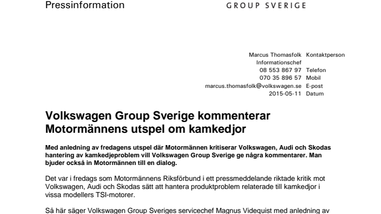 Volkswagen Group Sverige kommenterar Motormännens utspel om kamkedjor