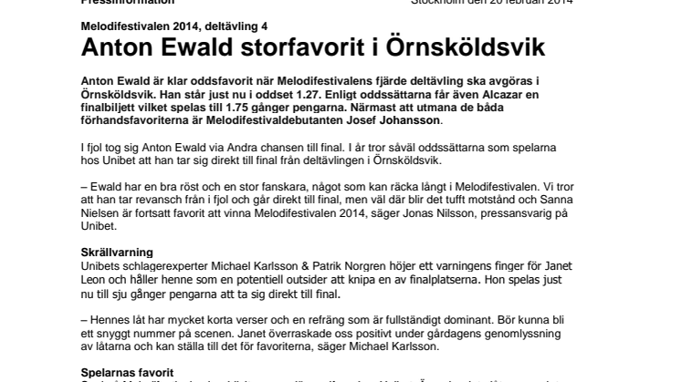 Melodifestivalen 2014, deltävling 4: Anton Ewald storfavorit i Örnsköldsvik