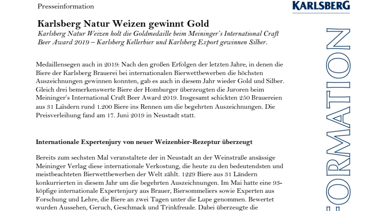 Karlsberg Natur Weizen gewinnt Gold